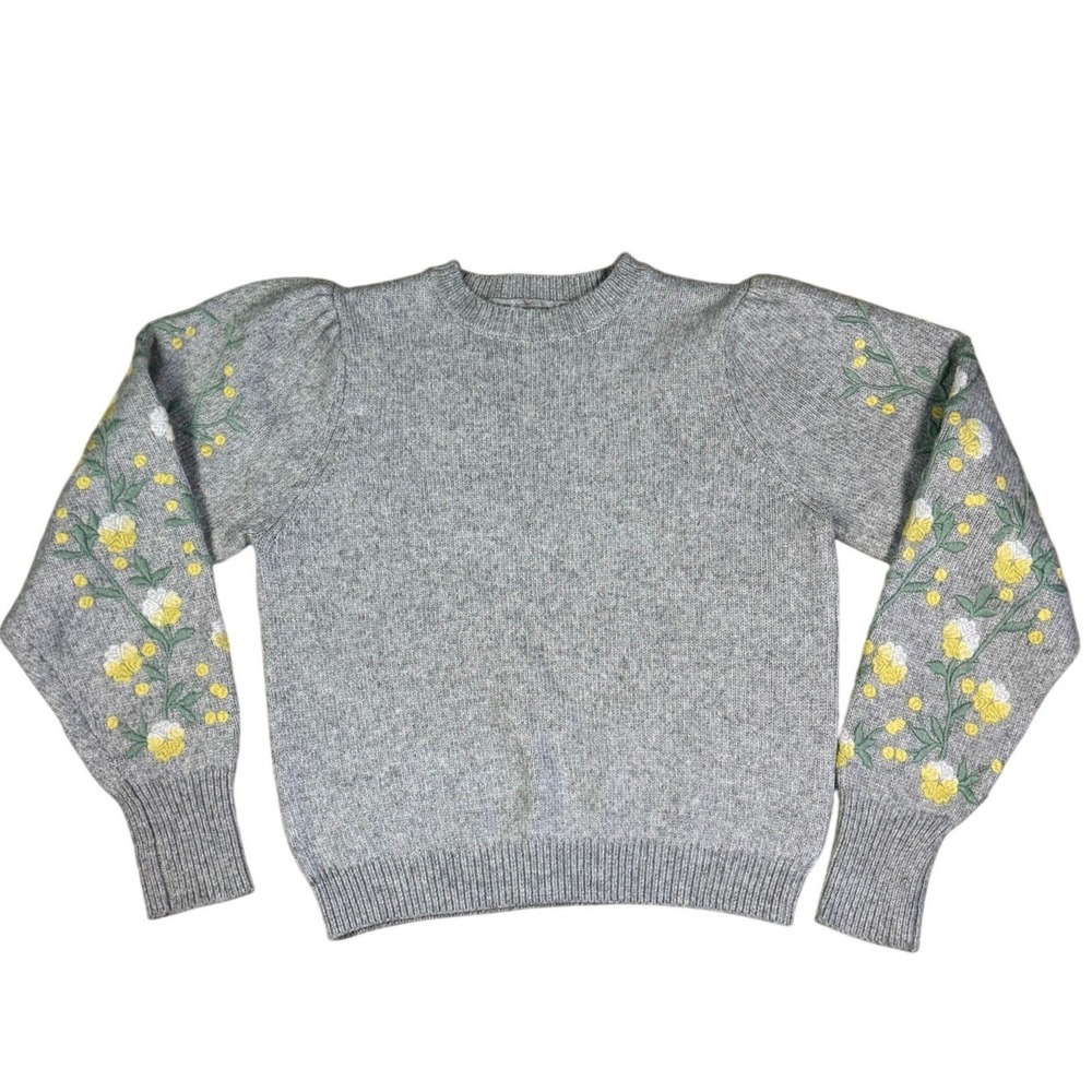 MANGO Y2K Vintage Era Embroidered Floral Puff Sleeve Sweater S Gray Cottagecore